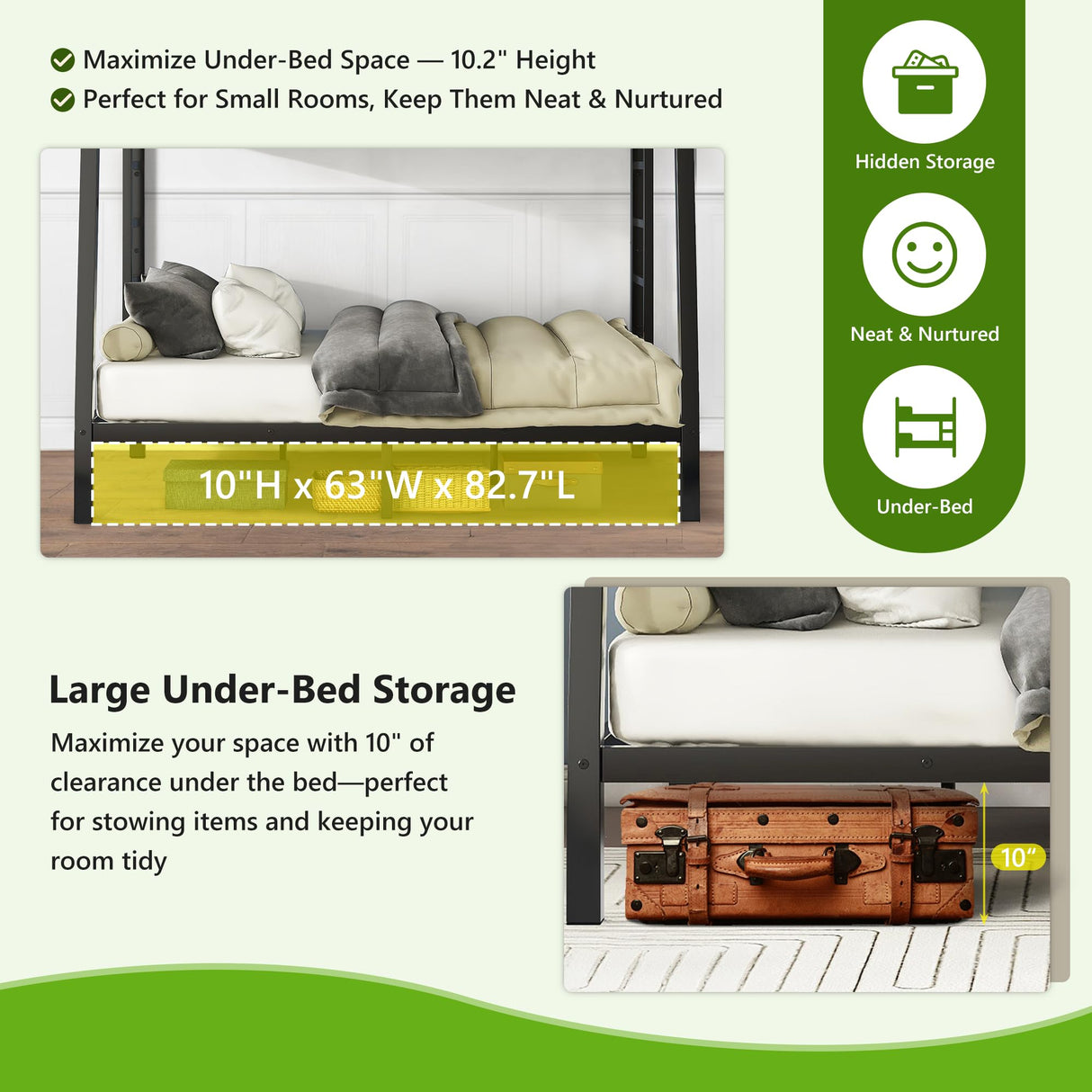 MJQFVM Full XL Over Queen Bunk Bed with 2 Ladders for Adults, Heavy Duty Metal Frame & Full Guardrails, Reinforced No-Sag Metal Slats, Space Saving for Guest Room, Dorm, Kids Bedroom, Black MJQFVM