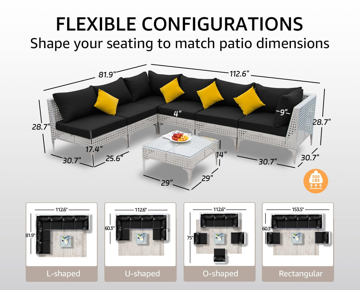 NICESOUL 7 Piece 28.7" High Back Patio Furniture Set, White PE Wicker Outdoor Conversation Sectional Sofa, Comfortable Deep Seat Modular Outdoor Patio Set for Backyard Porch Garden Deck, Black NICESOUL