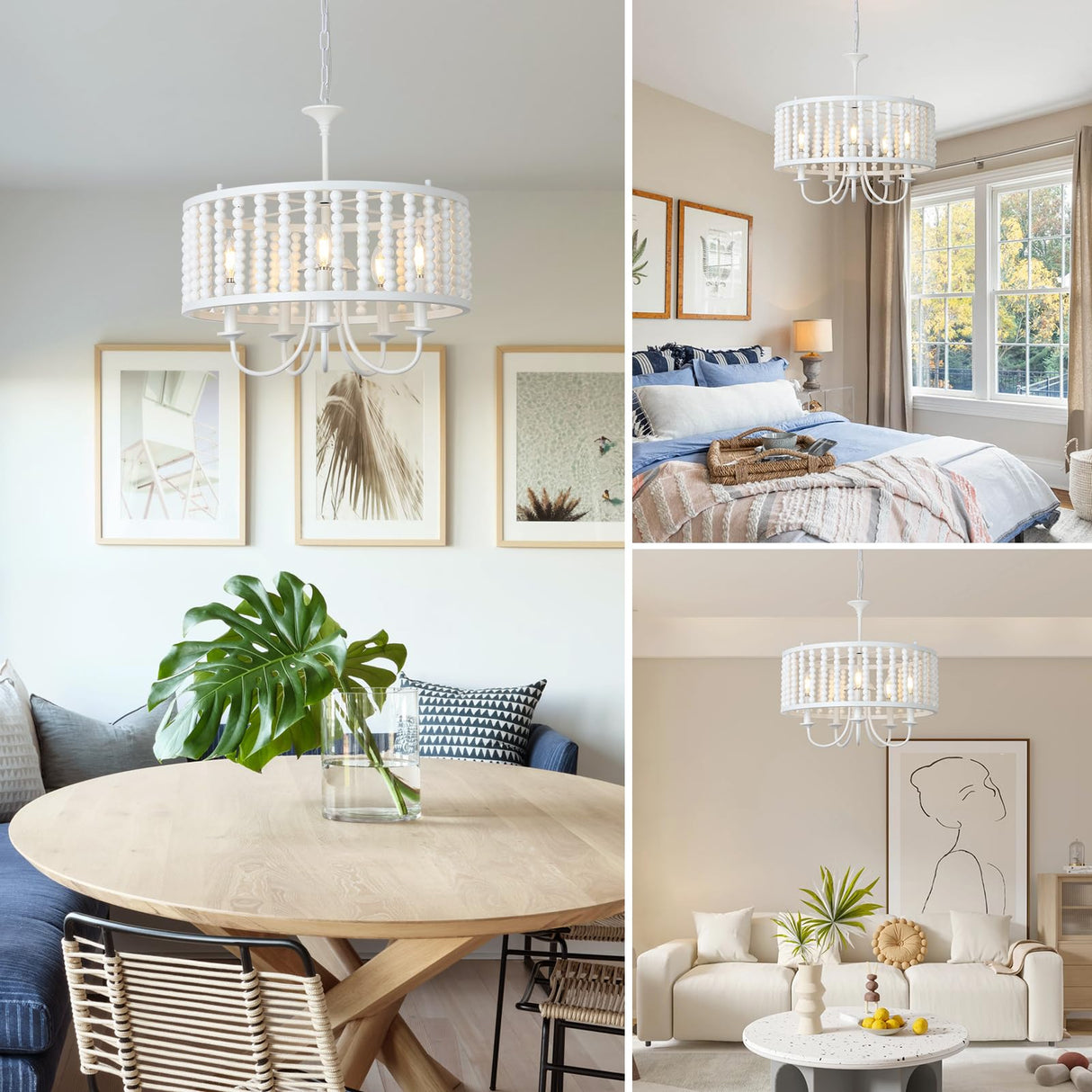 LAMSU Farmhouse Chandeliers for Dining Room, 5-Light Boho Wood Chandelier Light Fixture with Solid Wooden Beaded Shade, Modern Drum Chandeliers for Living Room Kitchen Island Bedroom Foyer, White LAMSU