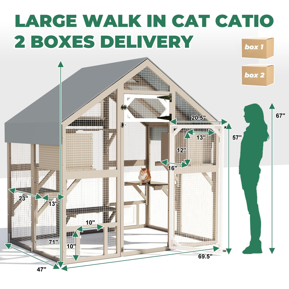 71" H Catio Outdoor Cat Enclosure Weatherproof, Large Walk-in Cat House Attached Window for Multiple Cats, Waterproof Cat Cage Kitty Enclosure Outside with 2 Condos, 6 Platforms Magazoopet