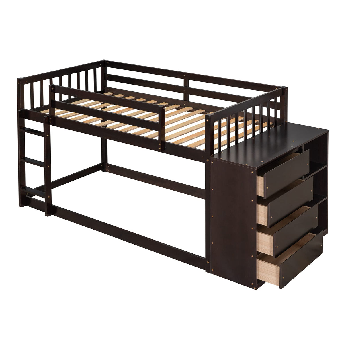 Twin Over Twin Bunk Beds with Storage, Wooden Twin Floor Bunk Beds with 4 Drawers and 3 Shelves, Low Bunk Bed Frame, Twin Loft Bed for Kids, Girls Boys, Teens, Adults (Espresso) Harper & Bright Designs