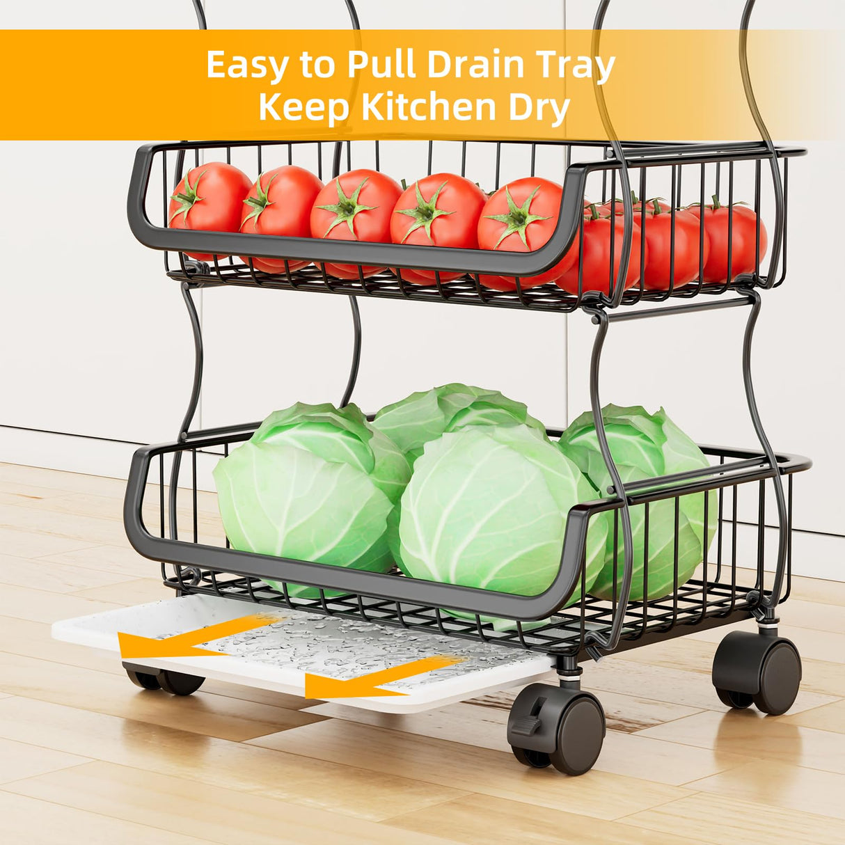 Simple Trending 4 Tier Rolling Cart, Stackable Fruit Vegetable Basket with Wheels and 2 Hanging Basket, Kitchen Storage Metal Wire Basket Stand for Vegetable Bread Snacks, Black Simple Trending