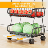 Simple Trending 4 Tier Rolling Cart, Stackable Fruit Vegetable Basket with Wheels and 2 Hanging Basket, Kitchen Storage Metal Wire Basket Stand for Vegetable Bread Snacks, Black Simple Trending