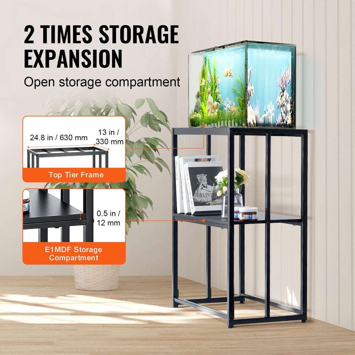 VEVOR Aquarium Stand, 20 Gallon Fish Tank Stand, 24.8 x 13 x 30 in Steel Turtle Tank Stand, 167.6 lbs Load Capacity, Reptile Tank Stand with Storage, Hardware Kit, and Non-Slip Feet, Black VEVOR