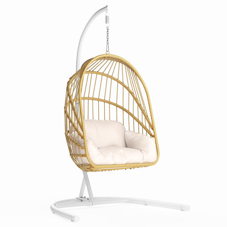 YITAHOME Wicker Swing Egg Chair with Cushions 350lbs, Foldable Hanging Basket Chair W/Stand Rattan Hammock Chair for Outdoor, Indoor, Patio, Bedroom - Beige YITAHOME