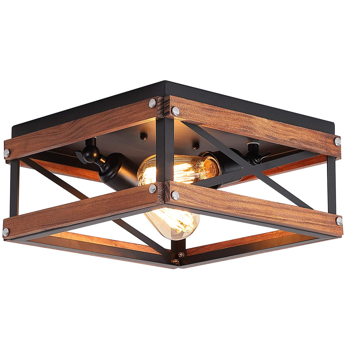 Rustic Farmhouse Flush Mount Light Fixture Two-Light Metal and Wood Square Flush Mount Ceiling Light for Hallway Bedroom Kitchen Entryway, Black Fivess Lighting