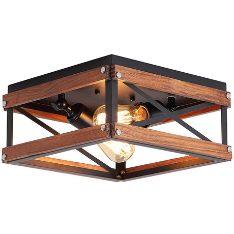 Rustic Farmhouse Flush Mount Light Fixture Two-Light Metal and Wood Square Flush Mount Ceiling Light for Hallway Bedroom Kitchen Entryway, Black Fivess Lighting