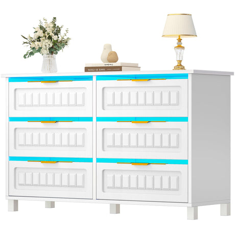 DWVO 6-Drawer Dresser, White Wood Dresser with Charging Station and LED RGB Light, Chest of Drawers Storage Organizer TV Stand for 60'' TV, Living Room, Closet, Entryway DWVO