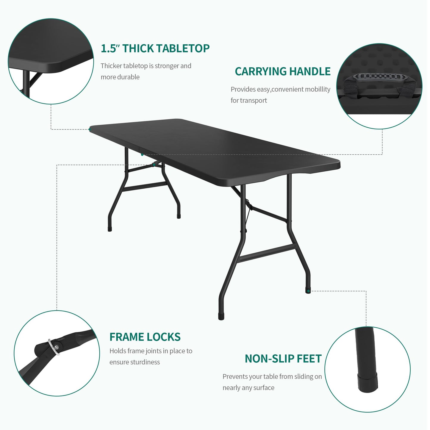 YITAHOME Folding Tables Heavy Duty Folding Table 6ft with Carrying Handle Plastic Fold up Table for Outdoor Camping Picnic Parties/Indoor Events All in Black