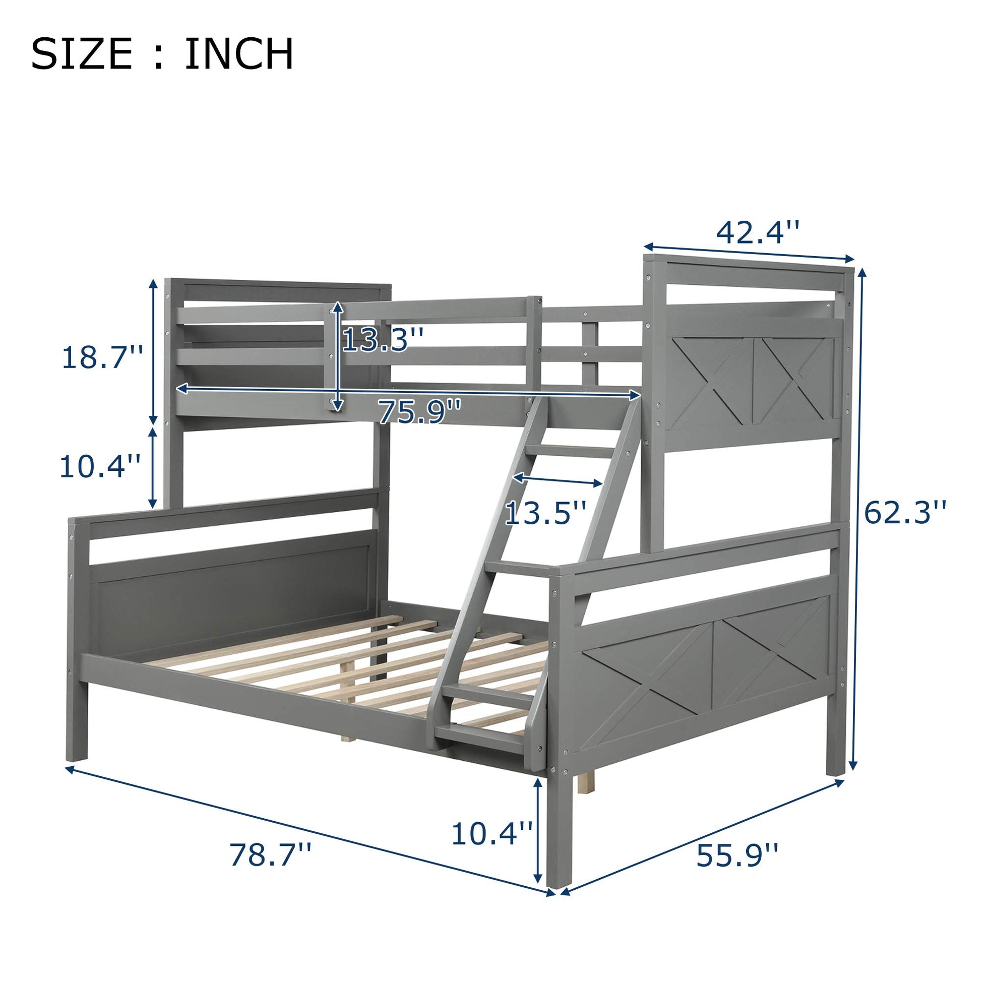 Majnesvon Grey Twin Over Full Bunk Bed Frame with Ladder and Guardrail, Convertible to Two Beds - WoodArtSupply