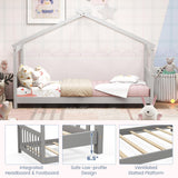 KOMFOTT Grey Twin House Bed Frame for Kids - Low Profile Montessori Tent Bed with Roof & Safety Design KOMFOTT