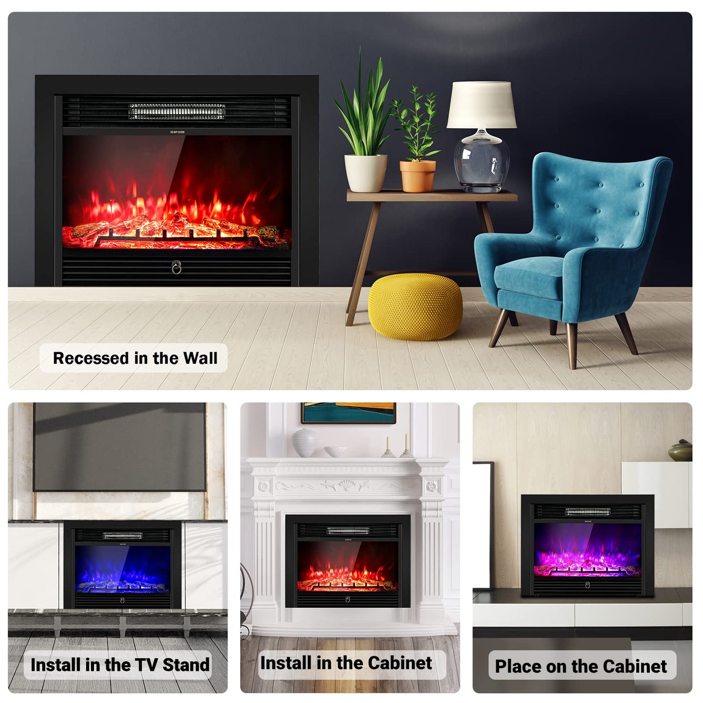 COSTWAY 28.5-Inch Electric Fireplace Inserts, 750W/1500W Wall Recessed and Freestanding Fireplace with 3 Flame Colors, 5 Brightness Settings, 8H Timer, Remote Control, Heater for Indoor Use