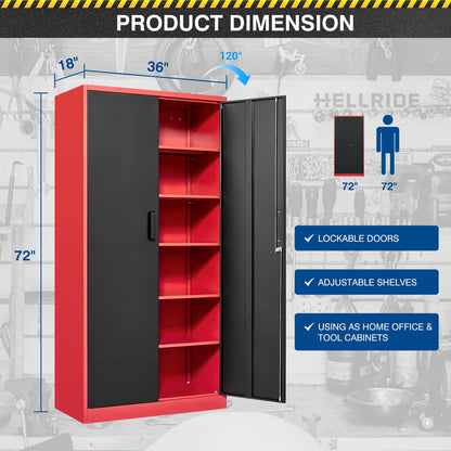 Fesbos Metal Storage Cabinet-72” Tall Steel File Cabinets with Lockable Doors and Adjustable Shelves-Black&Red Steel Storage Cabinet for Home, School, Office, Garage