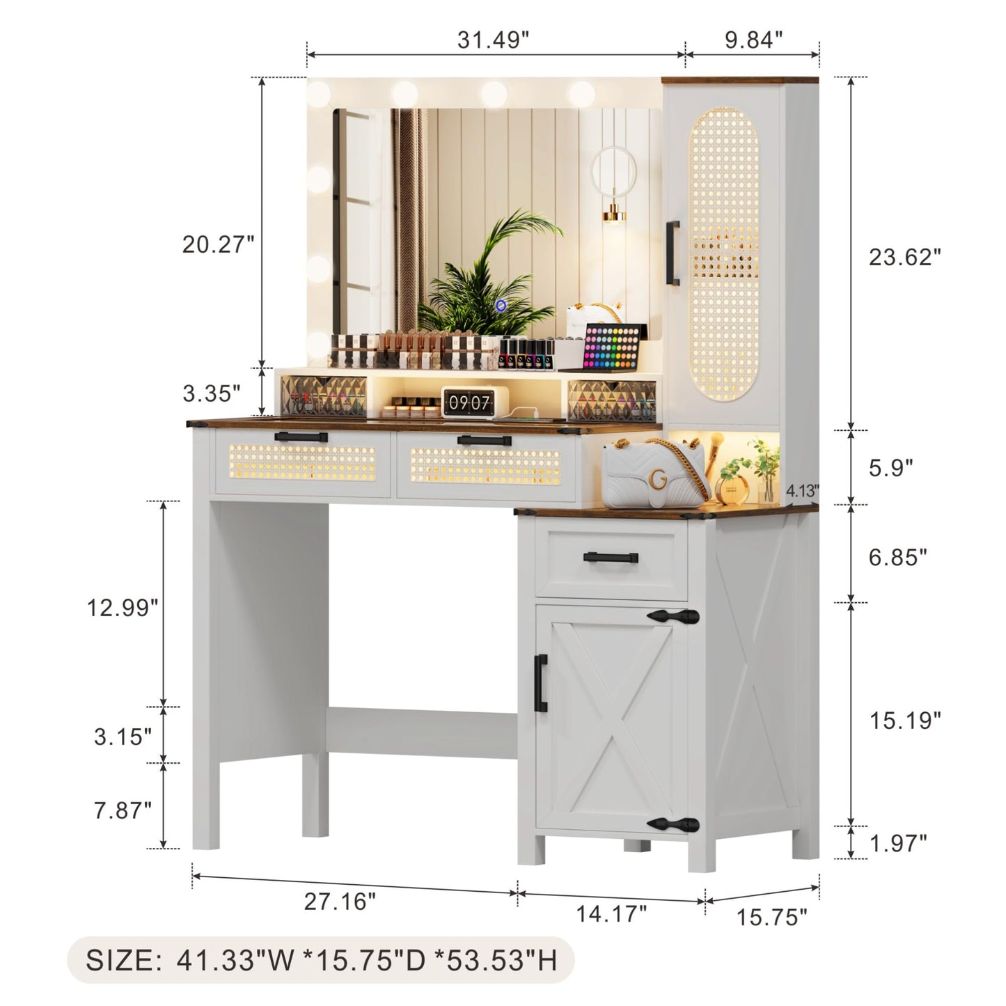 FREDEES Vanity Desk with Mirror and Lights, Farmhouse Makeup Vanity Table with Glass Top Design & Charging Station, Vanity Set with Hollywood Mirror & Drawers for Bedroom, Antique White