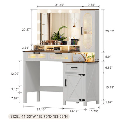 FREDEES Vanity Desk with Mirror and Lights, Farmhouse Makeup Vanity Table with Glass Top Design & Charging Station, Vanity Set with Hollywood Mirror & Drawers for Bedroom, Antique White