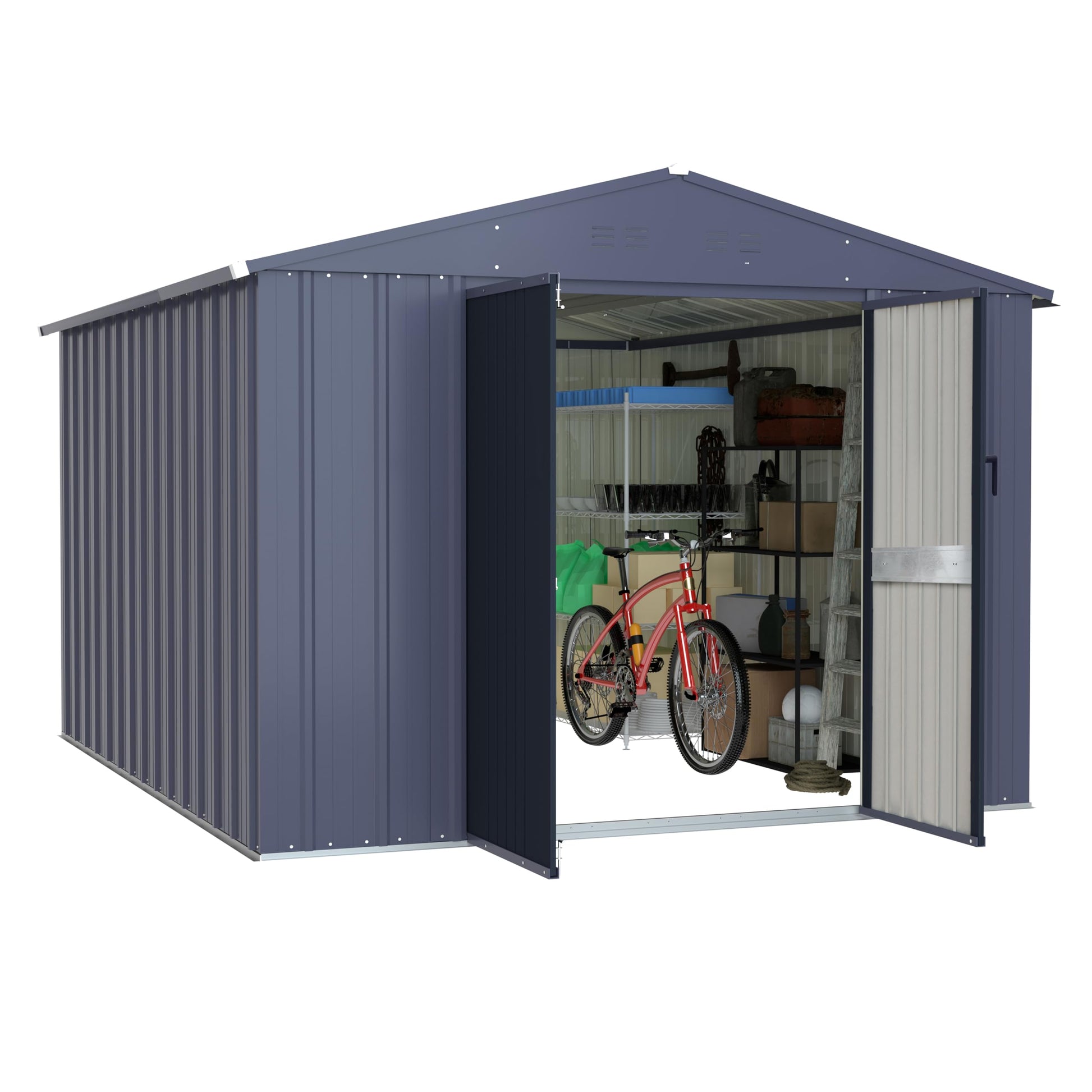 VEIKOU 8 x 10FT Storage Shed with Thickened Galvanized Steel, Outdoor Storage Shed with Lockable Door & Air Vents, Garden Tool Metal Shed for Patio Garage Yard, Grey - WoodArtSupply