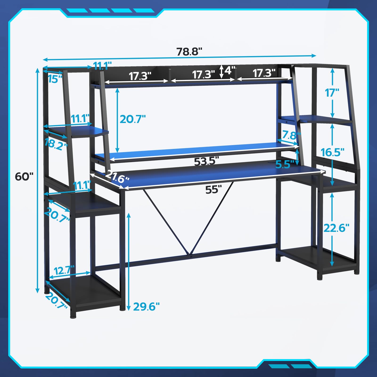 SEDETA Gaming Desk 78.8'' with LED Lights, Hutch and Storage Shelves, Computer Desk with Monitor Stand, Large PC Gamer Desk Workstation, Ergonomic Gaming Table for Bedroom, Living Room, Black - WoodArtSupply