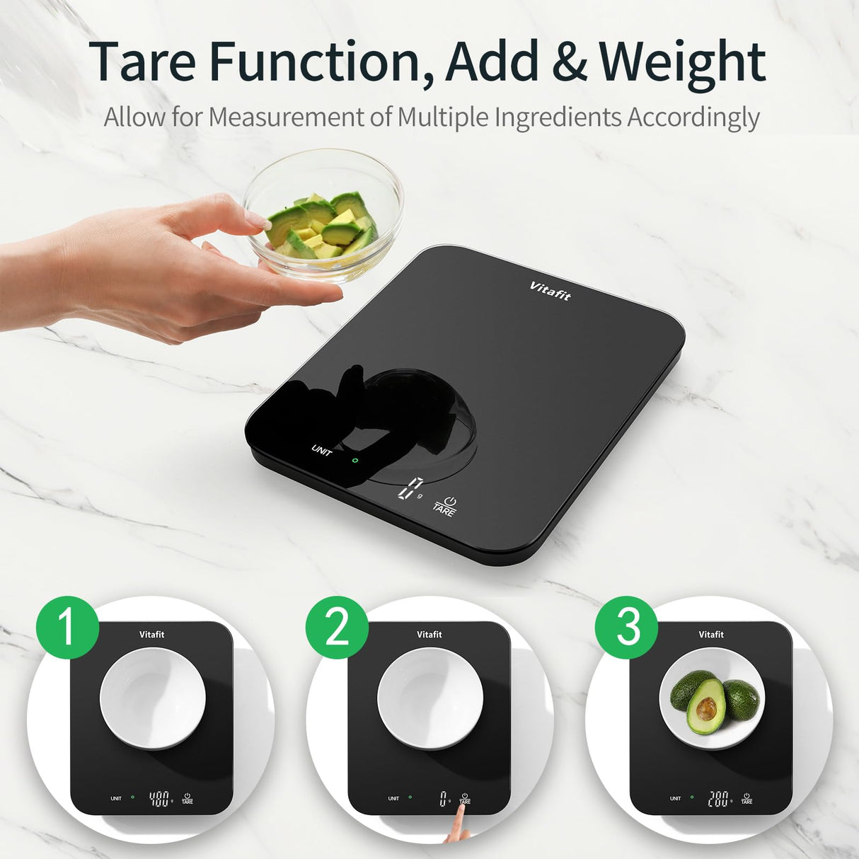 Vitafit 33lb/15kg Digital Food Scale in High Precision 0.1oz/1g, Our Own Kitchen Scale Professional Factory Since 2001, Kitchen Essentials for Cooking & Baking, LED, 3*AAA Battery, Spray Silver Black Vitafit