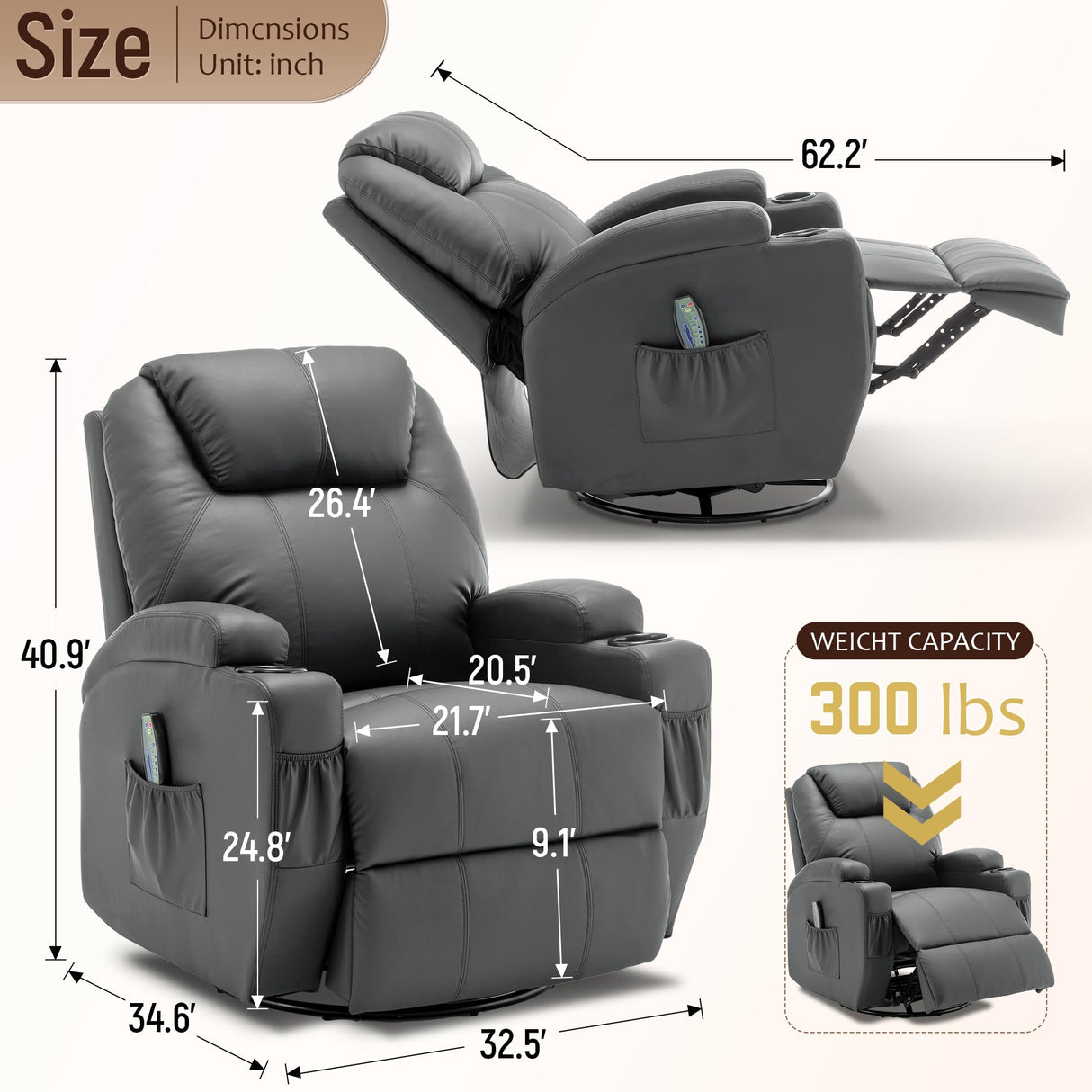 Korser Recliner Chair, Rocking Chair with Massage and Heat, 360° Swivel Recliner Chairs for Adults, Rocker Manual Recliner with Remote Control and Cup Holder for Living Room, Bedroom, Nursery Korser