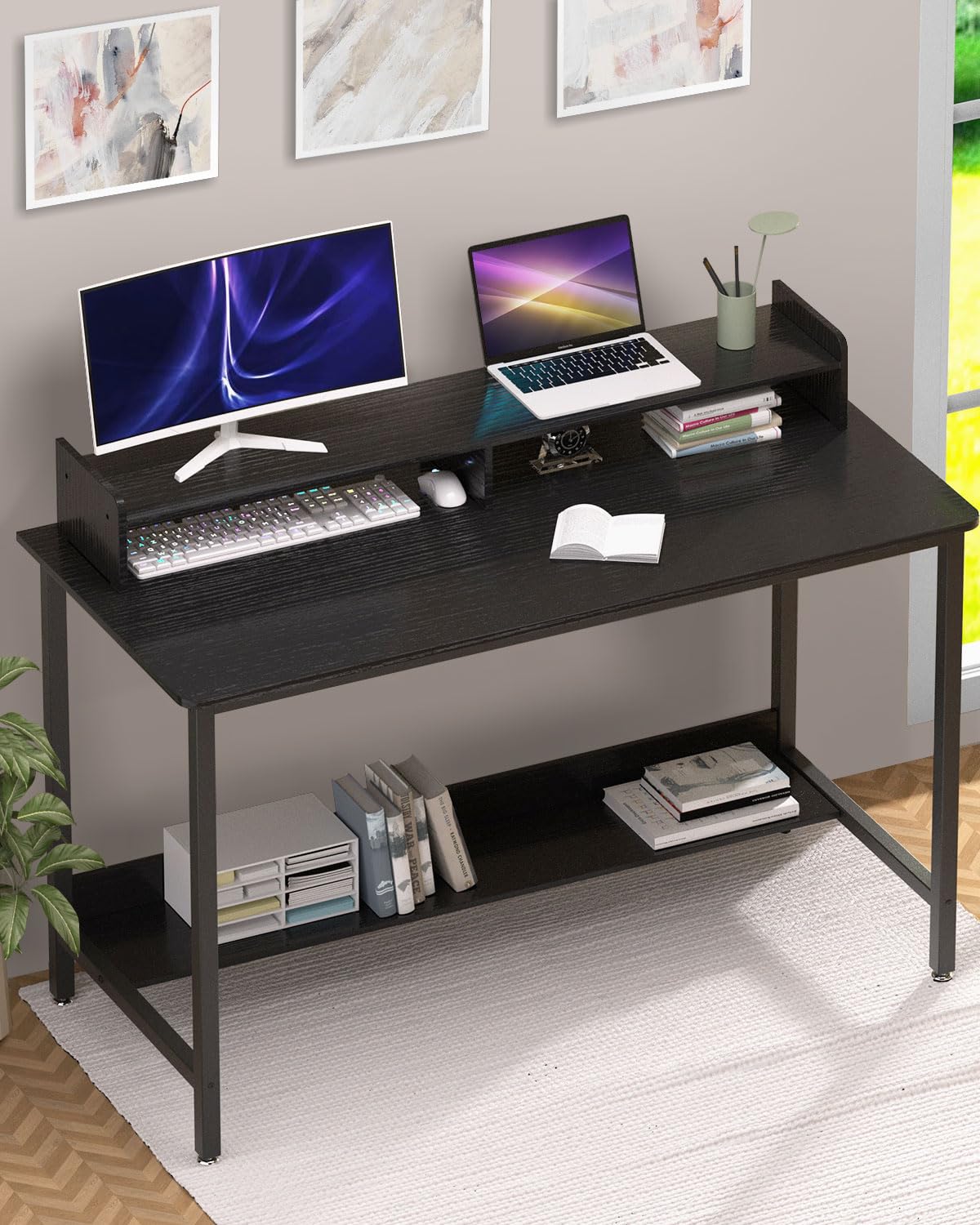 WOODYNLUX 32 Inch Multi-Purpose Computer Desk with Shelves - Black Gaming and Study Workstation - WoodArtSupply