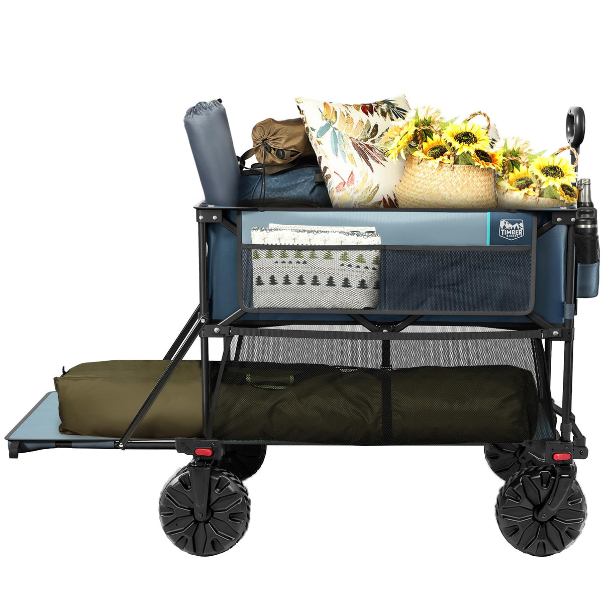 TIMBER RIDGE 400L Large Capacity Folding Double Decker Wagon, 54" Extra Long Extender Wagon Cart, 450lbs Heavy Duty Collapsible Wagon, All-Terrain Big Wheels for Camping, Sports, Shopping, Blue TIMBER RIDGE
