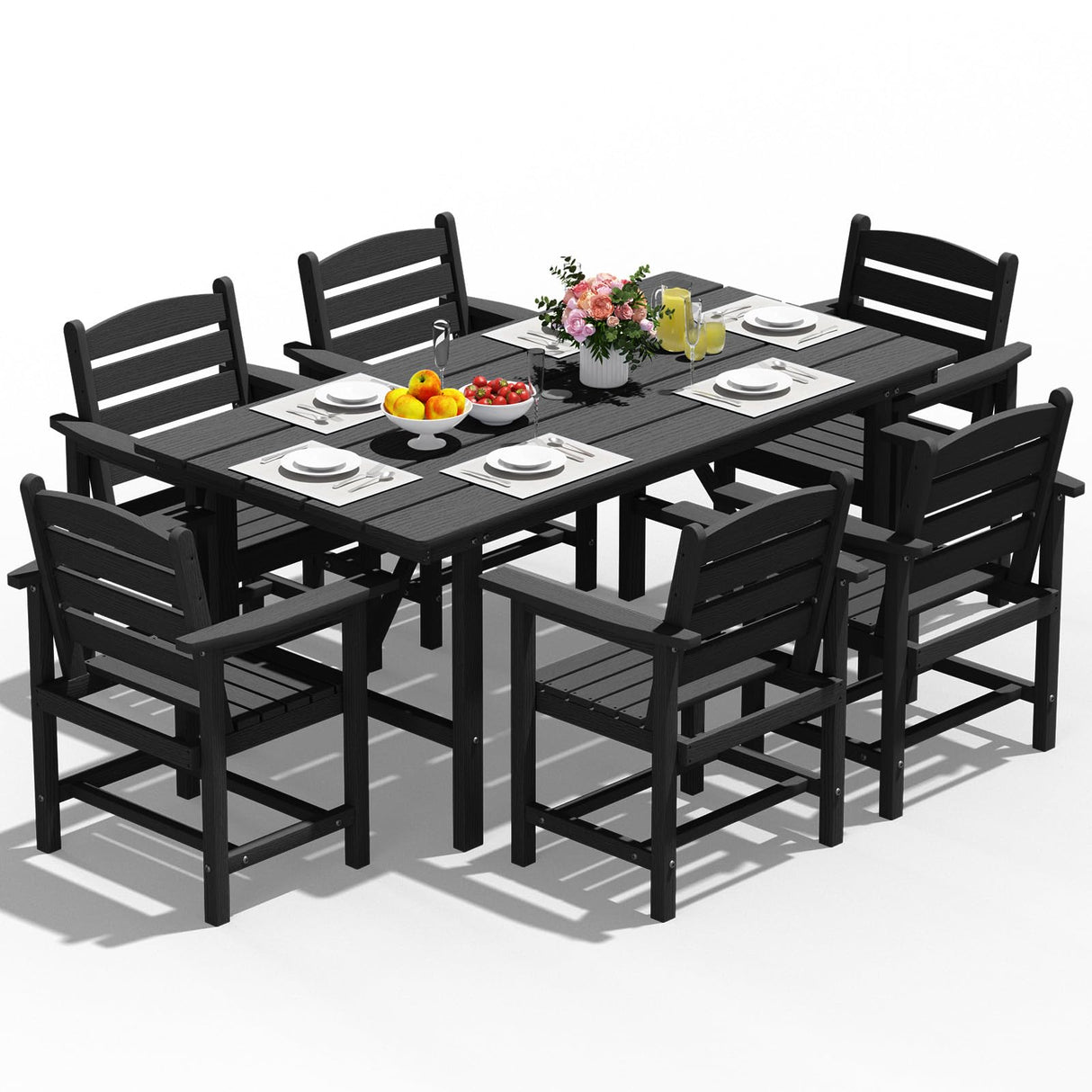 PLUUV Outdoor HDPE Dining Set, 7 Pieces Outdoor Furniture with Large Table& 6 Chairs, All-Weather Patio Dining Set for Lawn, Garden, Backyard, Black PLUUV