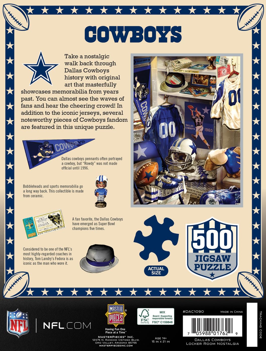 MasterPieces Game Day 500 Piece Jigsaw Puzzle for Adults - NFL Dallas Cowboys Locker Room - 15"x21" Masterpieces