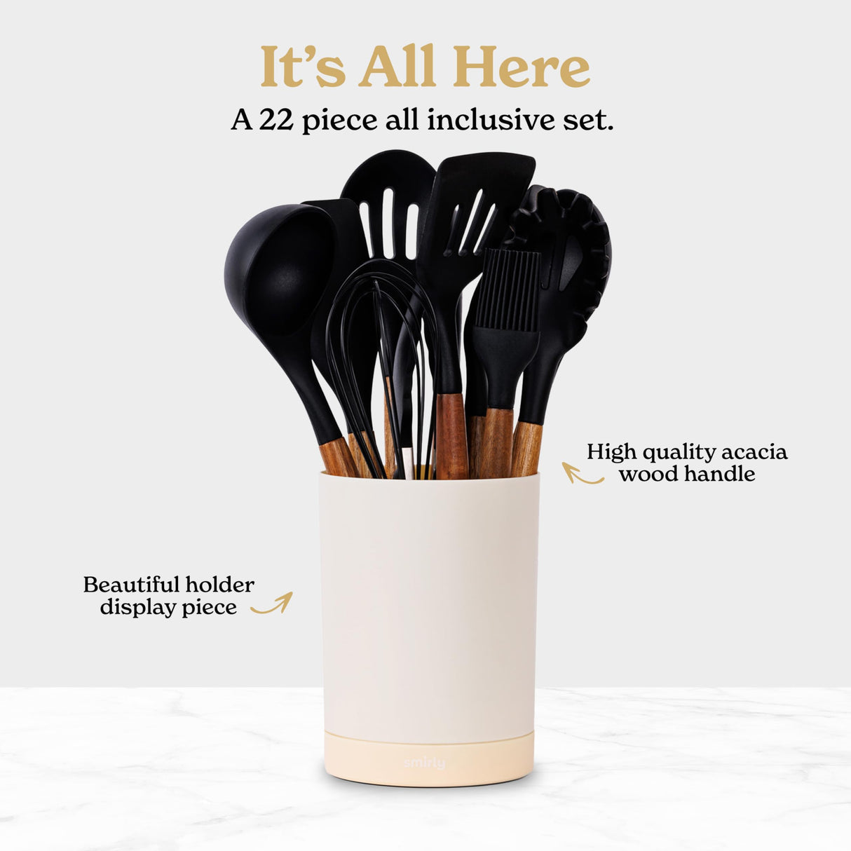 Silicone Kitchen Utensils Set & Holder: Cooking Utensils Set - Kitchen Essentials for New Home & 1st Apartment- Silicone Spatula Set, Cooking Spoons for Nonstick Cookware (Acacia Wood, Black) SMIRLY