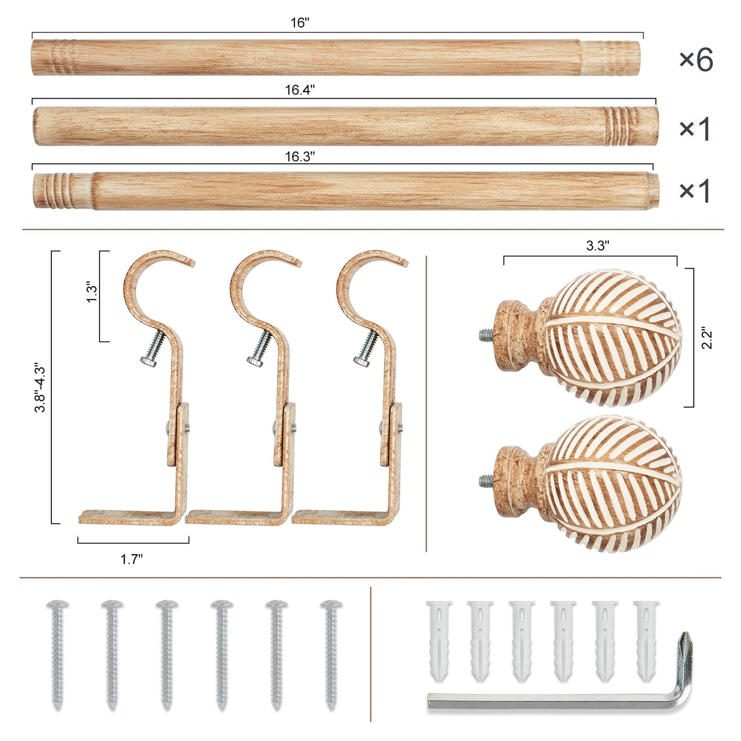 Wood Curtain Rods for Windows 66 to 120, 1 Inch Curtain Rod Set, Heavy Duty Drapery Rods with Imitation Wood Grain Leaf Pattern Finials, Indoor/Outdoor Modern Curtain Rod, 32"-120", Brown