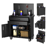 GangMei Black Tool Cart with 2 Drawer and Lockable Door,Garage Storage Cabinet on Wheels with Pegboard and 4 Hooks,Industrial Service Utility Tool Cart for Mechanics, Garage, Workshop GangMei