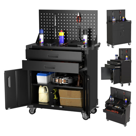 GangMei Black Tool Cart with 2 Drawer and Lockable Door,Garage Storage Cabinet on Wheels with Pegboard and 4 Hooks,Industrial Service Utility Tool Cart for Mechanics, Garage, Workshop GangMei