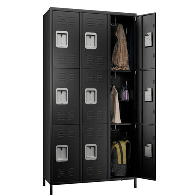 Aobabo 9 Doors Metal Storage Locker Cabinet for Employees, Storage Locker for School Office Gym Bedroom, Industrial Steel Storage Locker with 18 Hooks, Black, Assembly Required