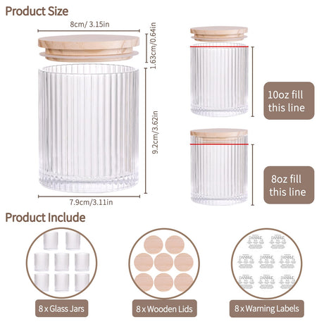 sunnyfuture 10 OZ Clear Candle Jars for Making Candles Set of 8, Ribbed Glass Candle Jars with Wood Lids and Labels, Candle Containers for DIY, Gifts, Home Decoration sunnyfuture