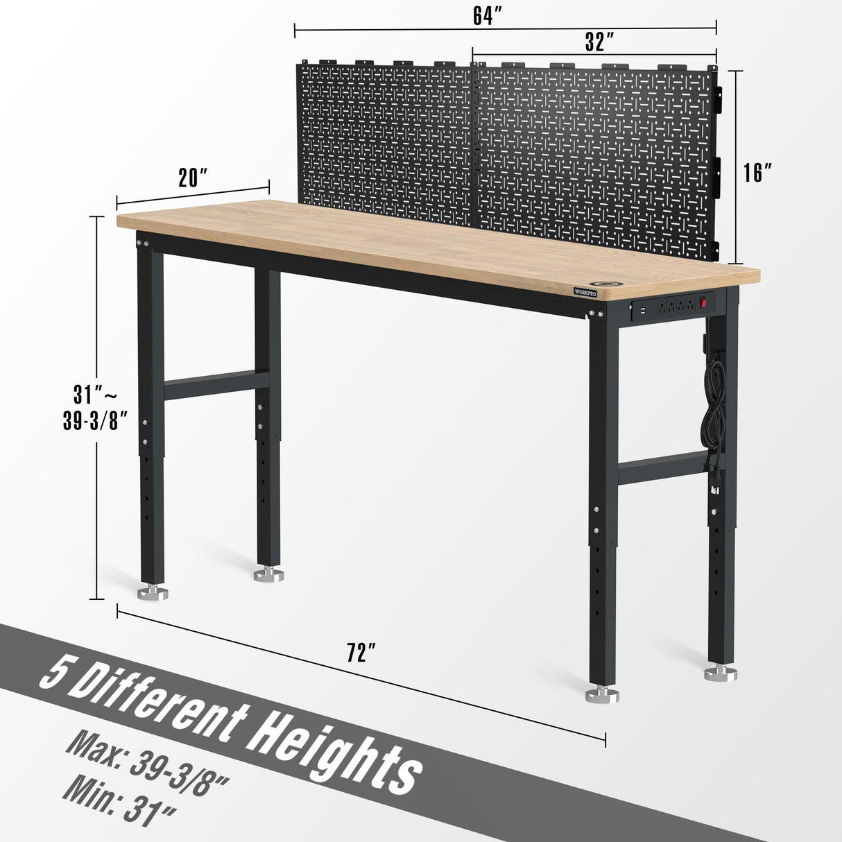 WORKPRO 72" Adjustable Workbench with 2 Pack 16”x 32” Metal Pegboard, Rubber Wood Top Heavy-Duty Workstation, 3000 LBS Load Capacity Hardwood Worktable with Power Outlets, for Workshop, Garage WORKPRO