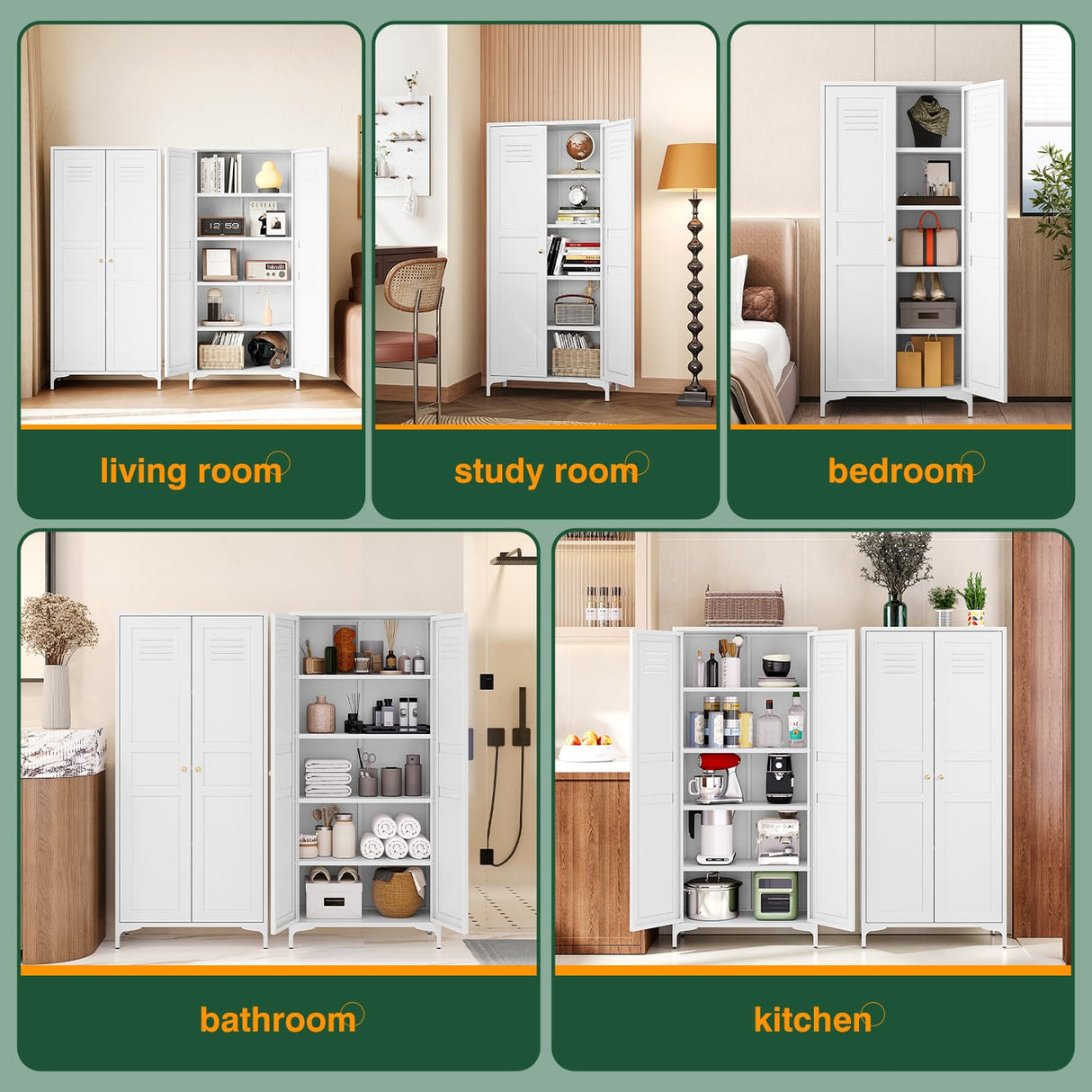 Letaya White Storage Cabinet with Feets-Metal Home Kitchen Pantry Cabinets with Doors and Adjustable Shelves,Organization Locker for Cupboard/Bedroom/Dining/Living/Bathroom/Office/Garage Room (White) Letaya