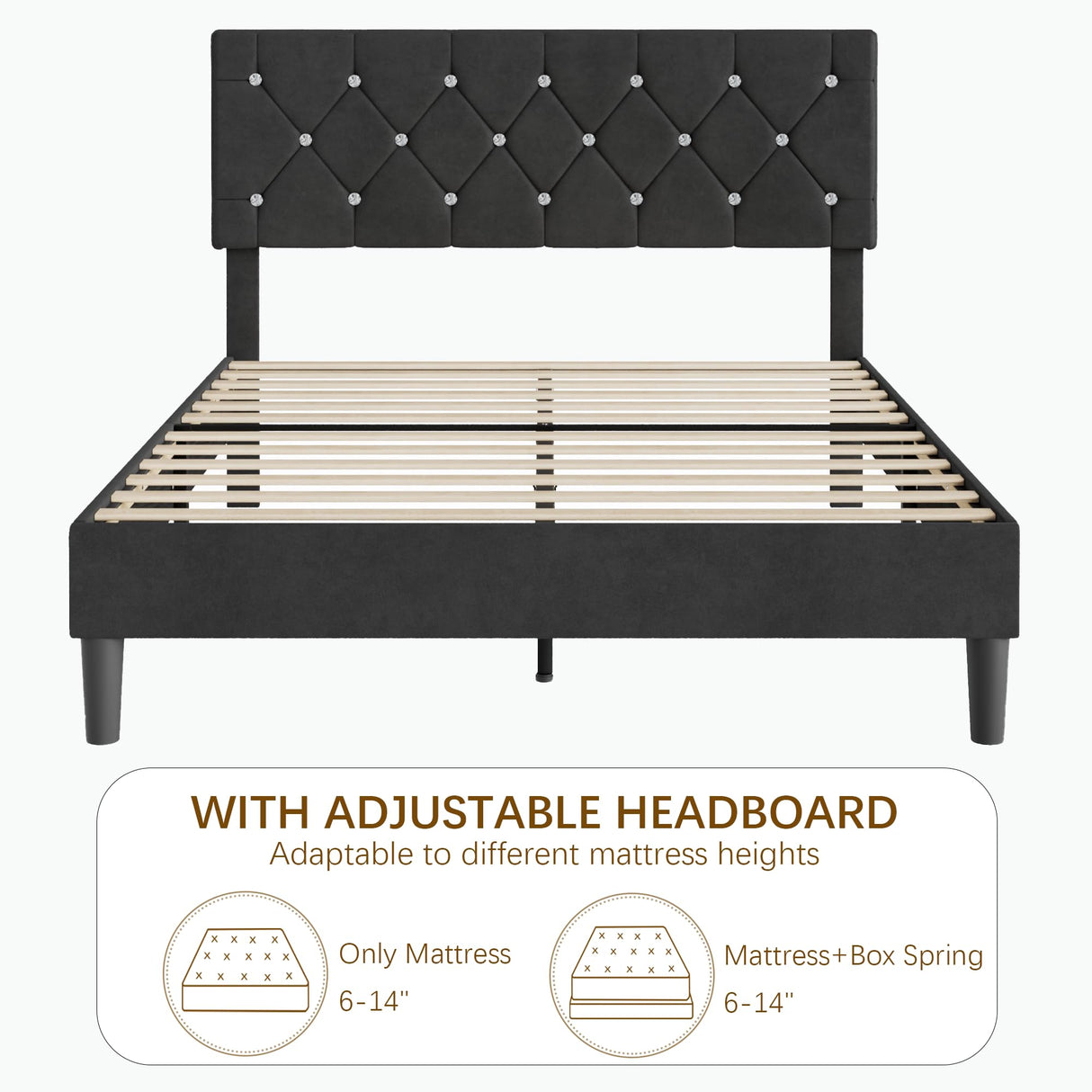 VECELO Queen Size Bed Frame, Upholstered Platform with Adjustable Diamond Tufted Headboard, Wood Slat Support, No Box Spring Needed, Velvet & Black VECELO