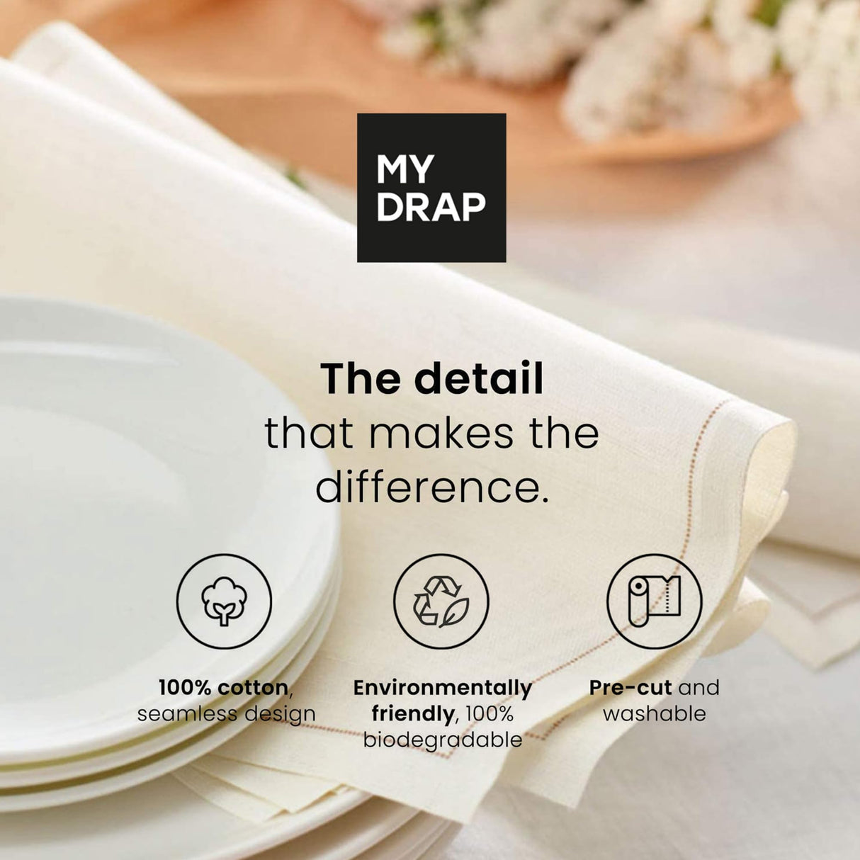 My Drap Basics Cotton Cocktail Napkin, 50 Per Roll, Cream, 4.3 x 4.3 Inch MY DRAP