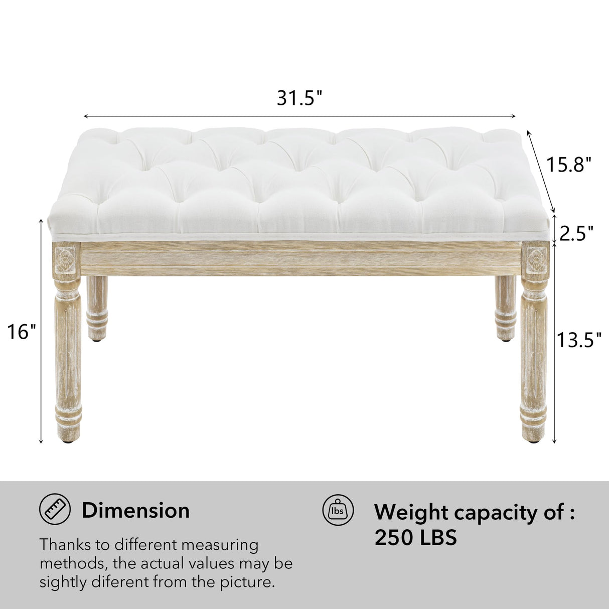 LOULENS French Vintage Bench, Linen Fabric Entryway Bench, Upholstered Tufted End of Bed Bench with Brushed Wood Legs, White LOULENS