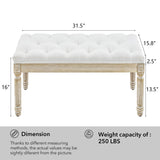LOULENS French Vintage Bench, Linen Fabric Entryway Bench, Upholstered Tufted End of Bed Bench with Brushed Wood Legs, White LOULENS