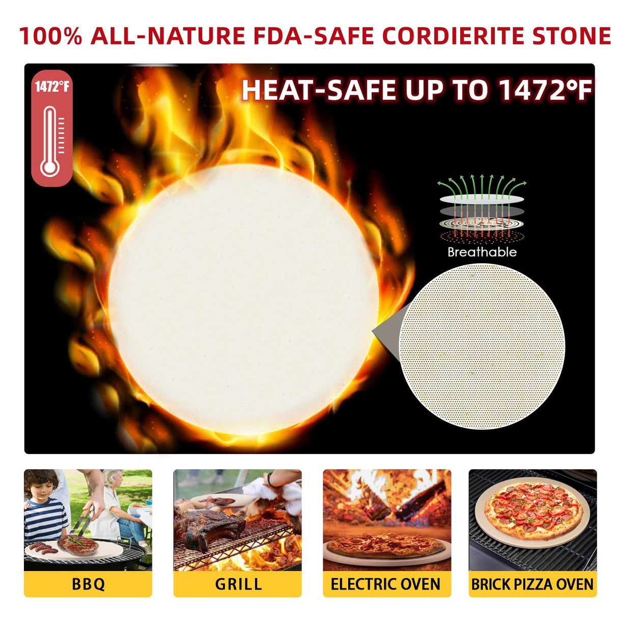 5 PCS Round Pizza Stone Set, 13" Pizza Stone for Oven and Grill with Pizza Peel(OAK),Serving Rack, Pizza Cutter & 10pcs Cooking Paper for Free, Baking Stone for Pizza, Bread Gyreuni