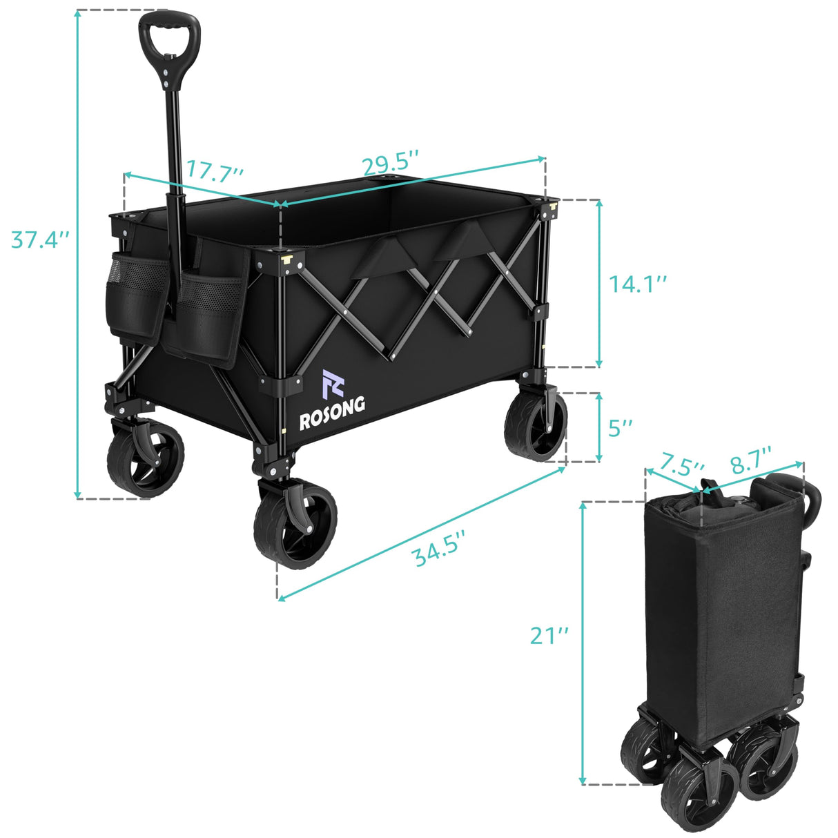 Folding Wagon Cart with Wheels Foldable - Collapsible Wagons Carts Heavy Duty, Fold Up Portable Utility Wagon for Grocery Beach Sports Fishing Camping Shopping ROSONG ROSONG