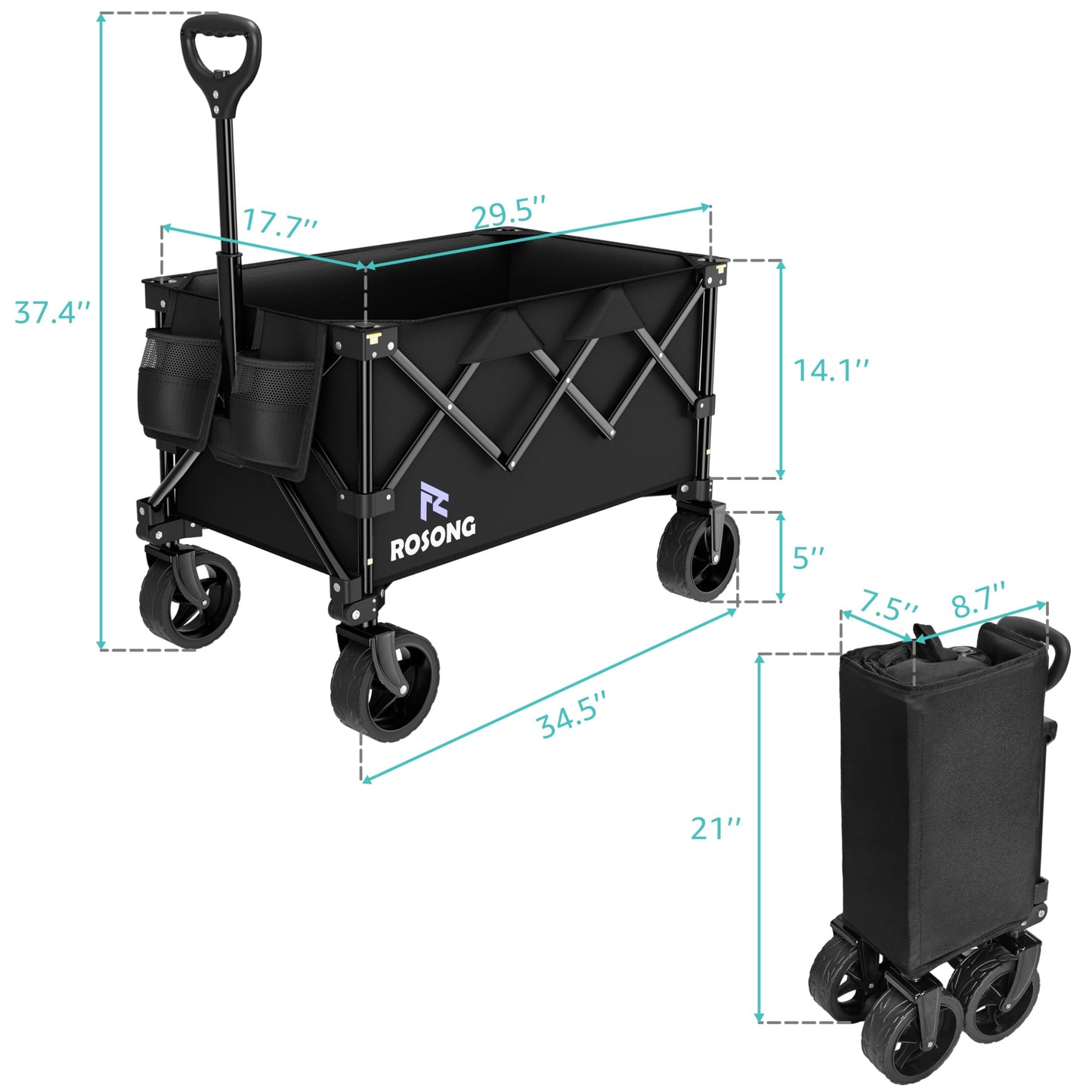 Folding Wagon Cart with Wheels Foldable - Collapsible Wagons Carts Heavy Duty, Fold Up Portable Utility Wagon for Grocery Beach Sports Fishing Camping Shopping ROSONG