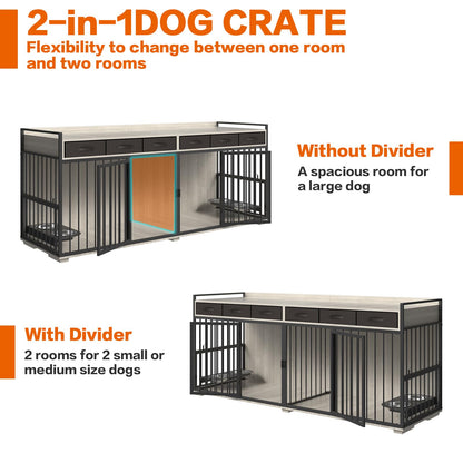 PAPIHO Double Dog Crate Furniture for 2 Dogs,86.6 inch Extra Large Metal Heavy Duty Dog Crate Kennel Furniture with 6 Drawers,Removable Divider and Adjustable Bowls,Chew-Resistant Dog Crate I - WoodArtSupply