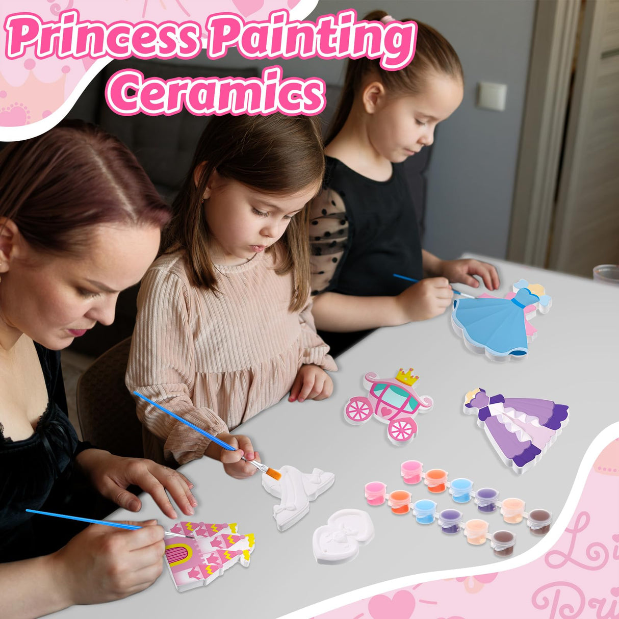 Seenelling 24 Set Princess DIY Painting Kit Ceramic to Paint Your Own Princess Dress Castle Statues Unpainted Plaster Figurines Brushes Acrylic Paints Bags Party Favor for Adults Girls Baby Shower Seenelling