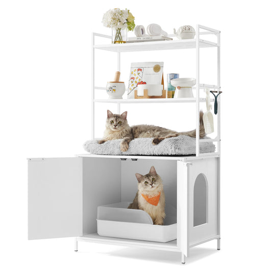 Feandrea Cat Litter Box Enclosure, Hidden Litter Box Furniture with 2 Storage Shelves, 2 Hooks, Spacious for Large Cats, Indoor Cat House, Snow White UPCL009W01