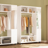 IRONCK Closet Racks on Wheels with Mirror and 10 Shelves, Portable Freestanding Wooden Closet Garment Rack with Hang Rod, White IRONCK
