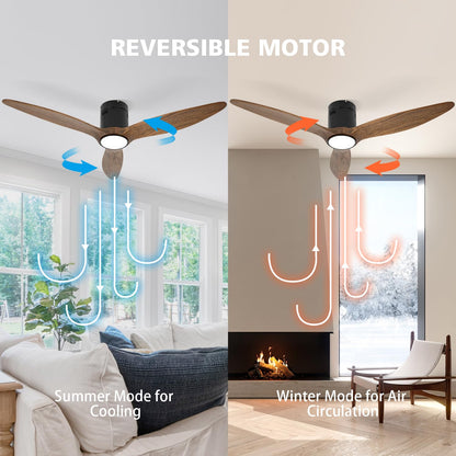 OUATER Flush Mount Ceiling Fan with Lights,52 inch Wood Low Profile Ceiling Fan with Remote,3 Color Light,DC Motor,6 Speed,for Bedroom/Outdoor/Farmhouse/Patios,Solid Amber Wood - WoodArtSupply