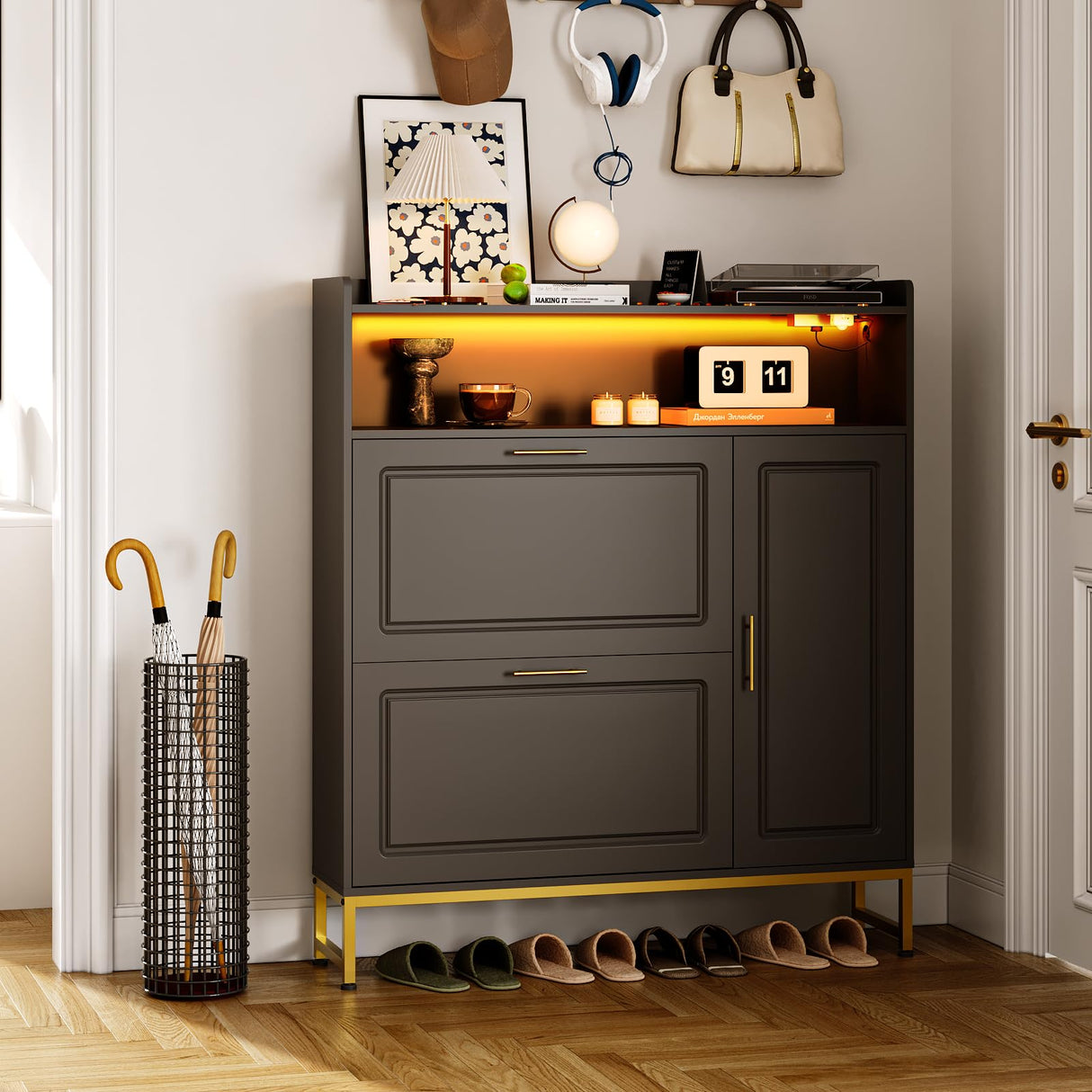 Shoe Storage with 2 Flip Drawers & Side Cabinet Freestanding Organizer with LED Light and Charging Station Narrow Shoe Rack with Metal Legs & Adjustable Shelf for Entryway,Hallway,Living Room,Black Maupvit