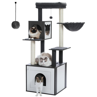 PETEPELA 56.7" Cat Tree with Litter Box Enclosure Large, Wood Cat Tower for Indoor Cats with Storage Cabinet and Cozy Cat Condo, Sisal Covered Scratching Post and Repalcable Dangling Balls, Black