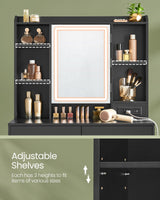 VASAGLE Vanity Desk with Power Outlets, Makeup Vanity with Mirror and Lights, Upholstered Vanity Stool, Dimmable LED Lights, 6 Compartments, 2 Drawers, for Bedroom, Ink Black URDT031B01 VASAGLE